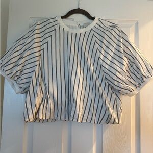 Maeve by Anthropologie Blue and White Puff Sleeve Crop Tee